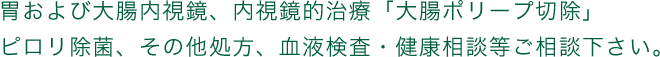 胃および大腸内視鏡、内視鏡的治療「大腸ポリープ切除」ピロリ除菌、その他処方、血液検査・健康相談等ご相談下さい。